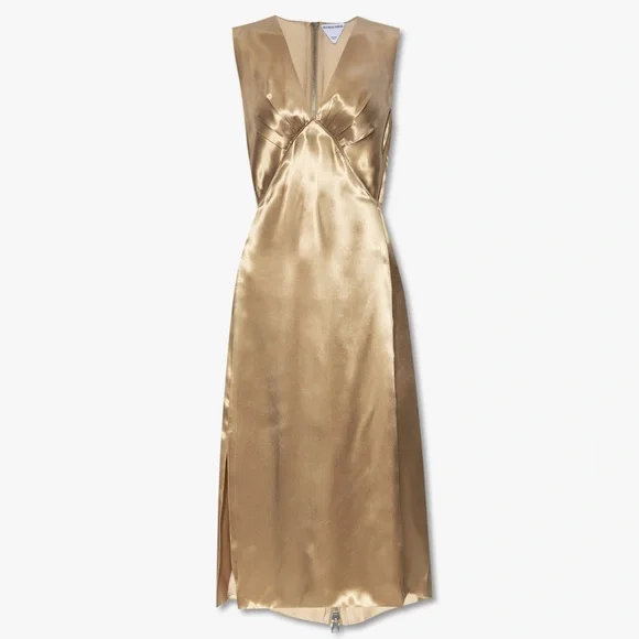 knee length dresses for ladies Bottega Veneta Cold-shoulder Cutout Two-tone Midi Dress – Runway Catalog